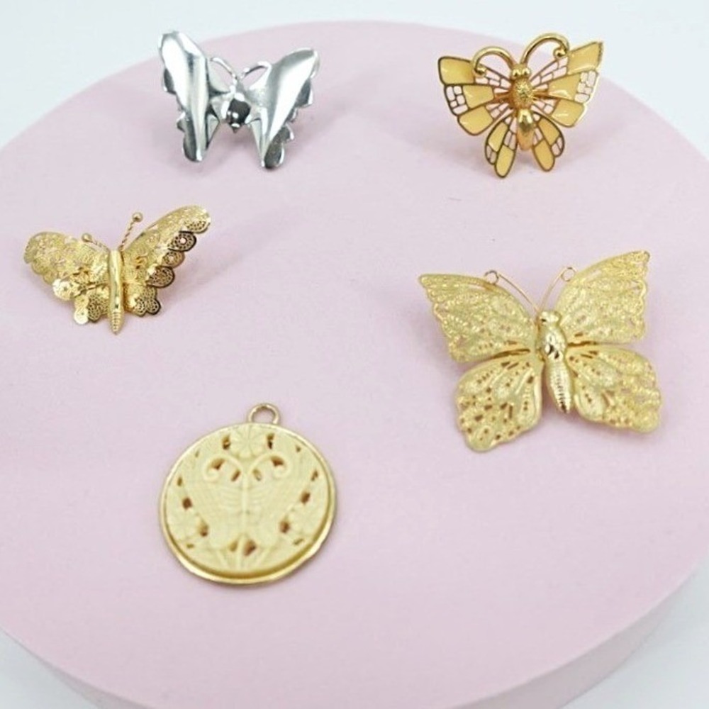 Vintage Butterfly Jewelry Lot Brooches and Pendant Two Tone Fairy Garden Spring